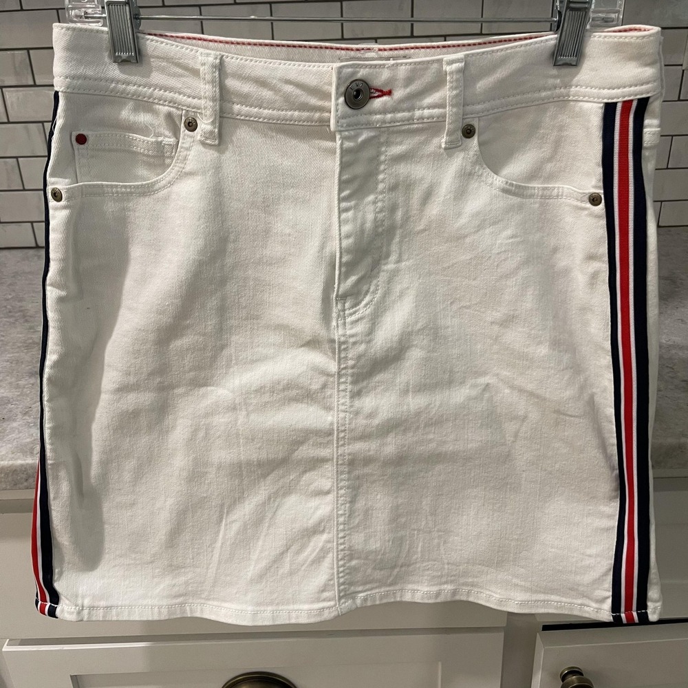 EV1 Skirt Womens 6 White Denim Mini Side Stripe Alex Y2K Bohemian School